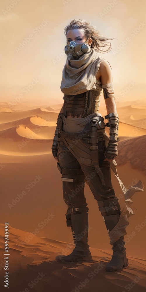 female wasteland warrior wearing light woman gas mask standing desert ...