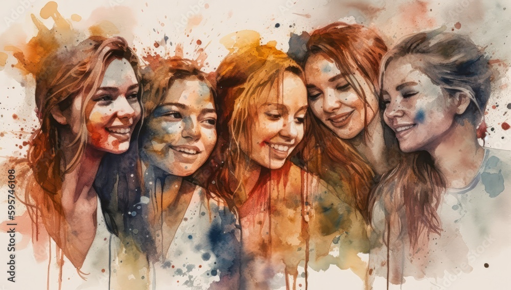 five girls laugh front women standing next each other princess smiling monks portrait teen girl young woman set, generative ai - obrazy, fototapety, plakaty 