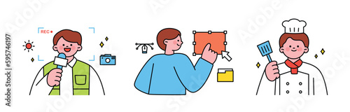 Labor Day. people who are working. News reporter, graphic designer, chef.