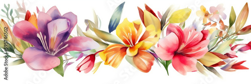 Colorful flowers and blossoms on a white background painted with watercolors, banner, mother's day, wedding, love, roses, alstroemeria, freesia, party, Generative AI