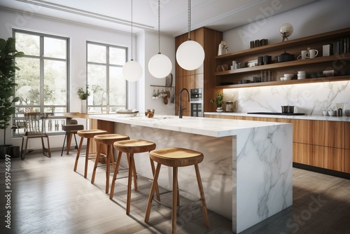 Contemporary kitchen with marble counter bar, wood stool, white pantry, and modern furniture. Rendered in 3D. Generative AI © Anika