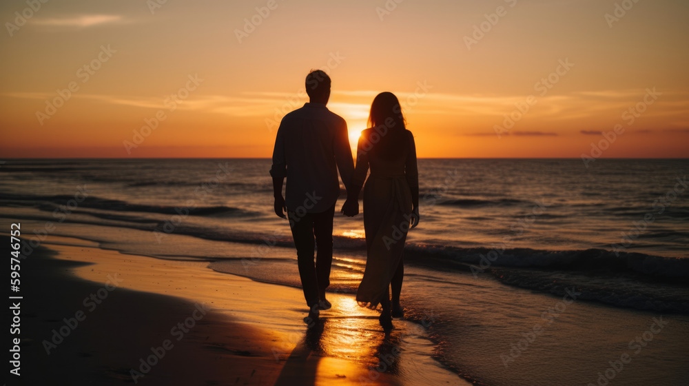 Couple holding hands walking on the beach. generative ai
