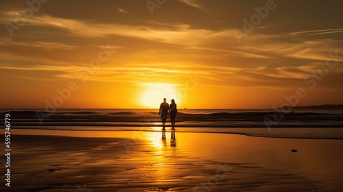 Couple holding hands walking on the beach. generative ai © ThisDesign