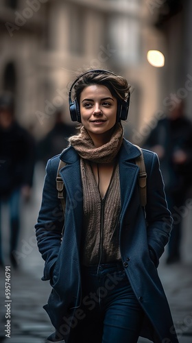 Woman wearing jacket, listening music in headphones.