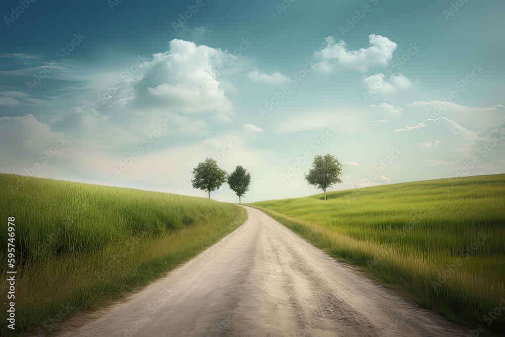 The landscape of grass fields and blue sky road leading off into the distance. Generative Ai.
