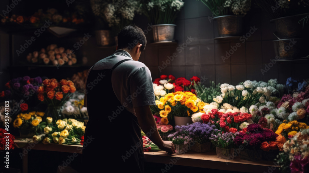 Florist arranging a bouquet of flowers, generative ai