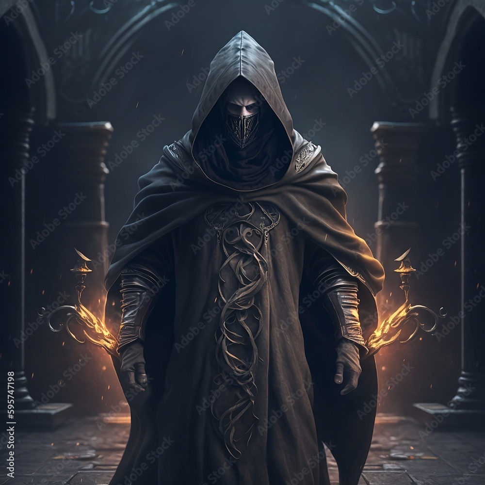 Hooded Sorcerer with fire magic Hooded Sorcerer with fire magic
