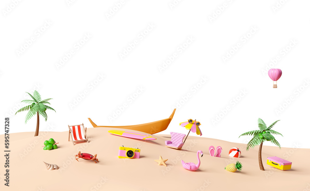 3d summer travel with boat, suitcase, beach chair, island, camera, umbrella, Inflatable flamingo, coconut tree, sandals, plane, cloud isolated. concept 3d render illustration - obrazy, fototapety, plakaty 
