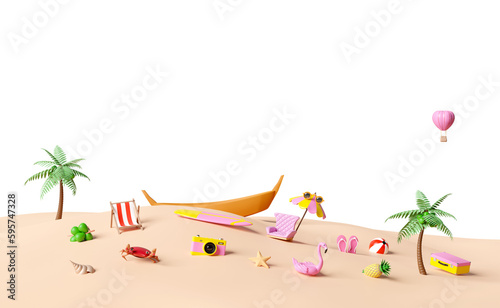 Fotografia 3d summer travel with boat, suitcase, beach chair, island, camera, umbrella, Inflatable flamingo, coconut tree, sandals, plane, cloud isolated