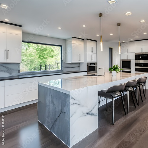 2 A sleek, modern kitchen with white cabinets, stainless steel appliances, and a marble waterfall island3, Generative AI photo