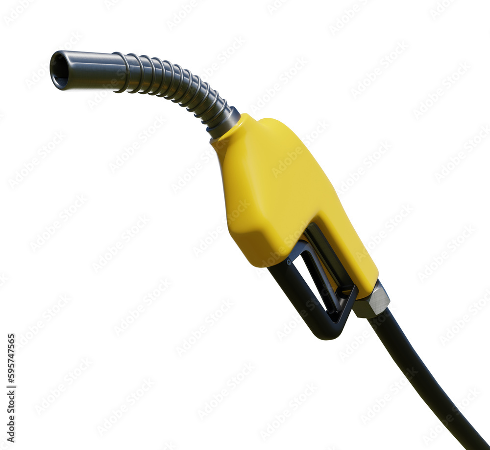 Yellow gas or fuel pump nozzle isolated on white with transparent background. 3D illustration Yellow gas or fuel pump nozzle isolated on white with transparent background. 3D illustration