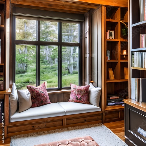 6 A cozy, rustic-inspired reading nook with a built-in window seat, lots of bookshelves, and a mix of natural textures3, Generative AI