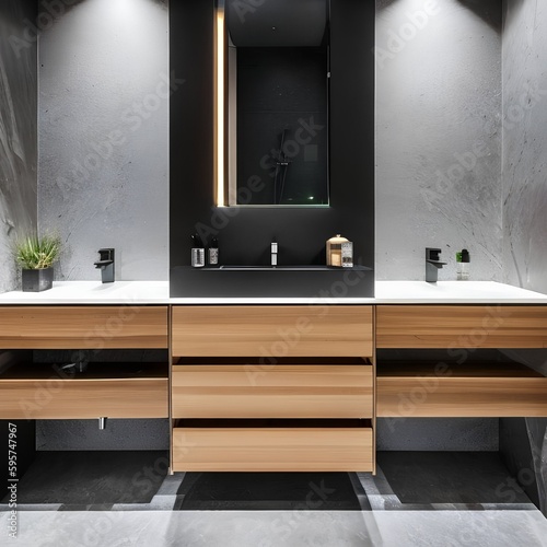 7 A contemporary  minimalist bathroom with a floating vanity  a glass-enclosed shower  and a mix of matte black and natural wood finishes2  Generative AI