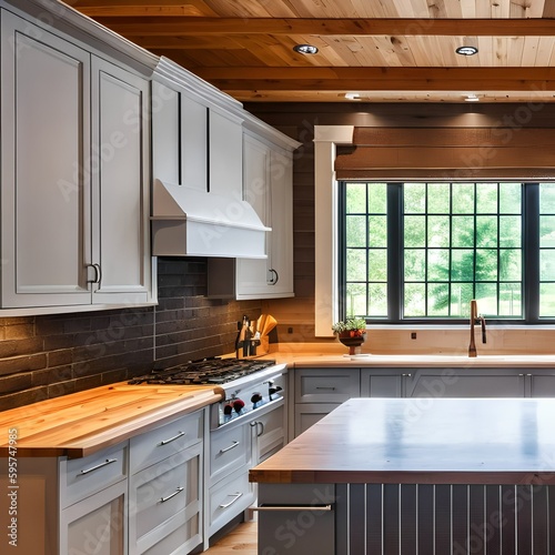 2 A cozy, country-style kitchen with a mix of open and closed storage, a farmhouse sink, and a large butcher block island5, Generative AI photo