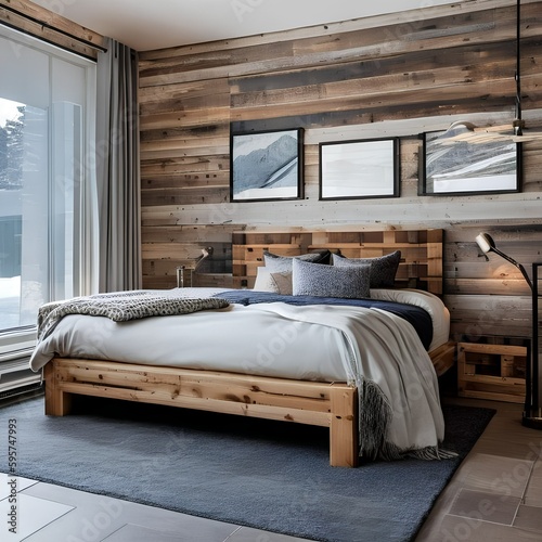 19 A cozy, rustic bedroom with a mix of plaid and solid bedding, a wooden bed frame, and a large, plush area rug3, Generative AI