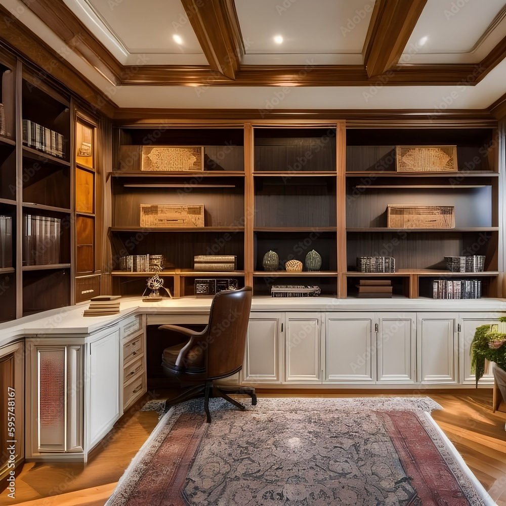 13 A traditional-style home office with a mix of open and closed storage, a classic wooden desk, and a mix of upholstered and wooden furniture5, Generative AI 13 A traditional-style home office with a mix of open and closed storage, a classic wooden desk, and a mix of upholstered and wooden furniture5, Generative AI
