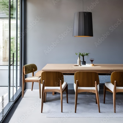 8 A contemporary, minimalist dining room with a mix of upholstered and wooden chairs, a large glass table, and a statement pendant light4, Generative AI