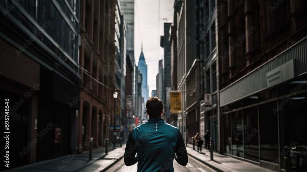 Person jogging in a cityscape, generative ai