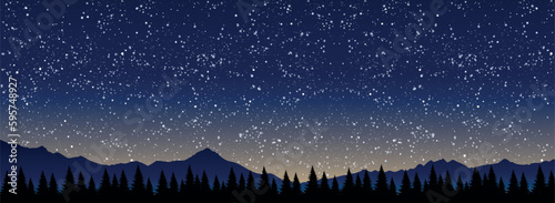 Beautiful mystical night landscape with a starry blue sky in the forest, summer dawn. Banner for tourism, travel, astrology. Vector illustration.