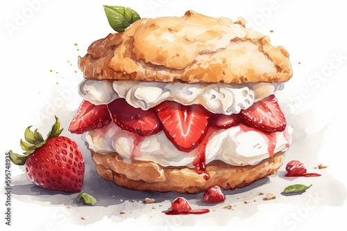 Canvas-taulu Watercolor illustration of a tasty strawberry shortcake with cream on a white background