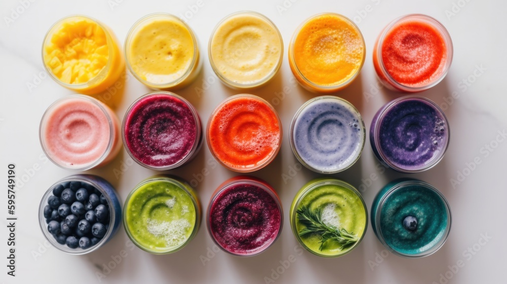 Healthy Food Concept, Different Fruit and Vegetables Juices Smoothie in Glasses top view copy space. Generative AI. Healthy Food Concept, Different Fruit and Vegetables Juices Smoothie in Glasses top view copy space. Generative AI.