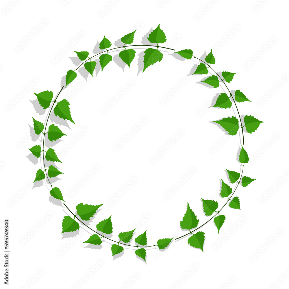 Decorative frame made of thin birch twigs and green leaves. Floral ornament for design and decoration of invitations and posters. Round frame. Vector