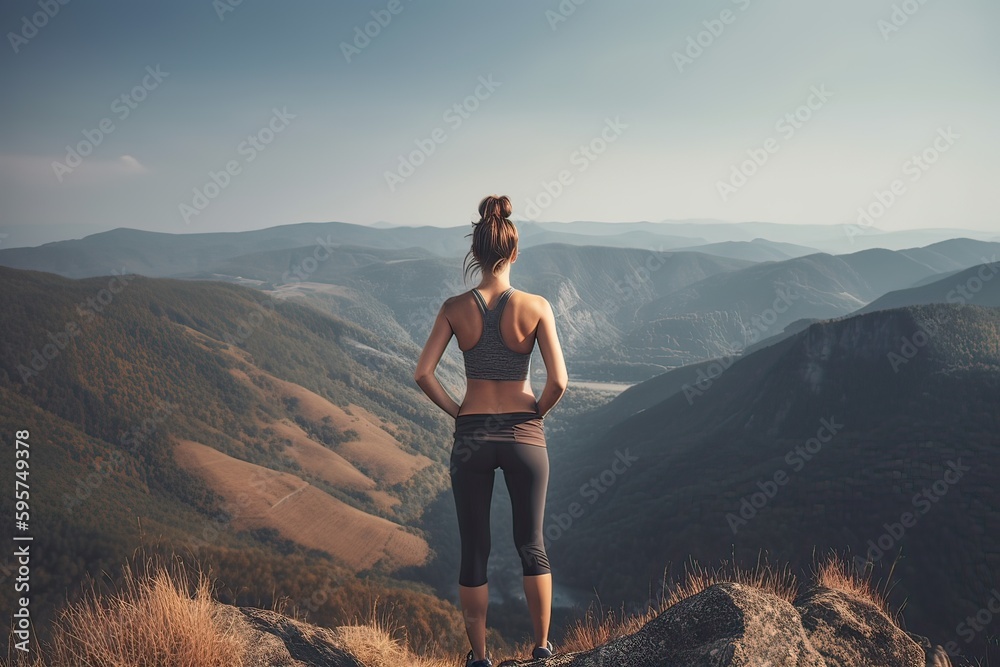 Naklejka premium view from behind fitness girl standing on top of the mountain. woman in sportswear standing on the mountain. Generative Ai.
