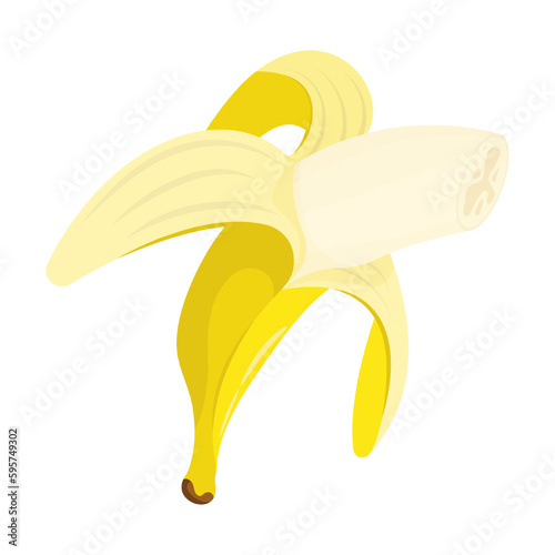 Peeled yellow banana with bitten off part of fruit. Harvesting fruits. Healthy fruit in cartoon style isolated on white background