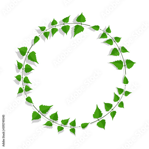 Decorative frame made of thin birch twigs and green leaves. Floral ornament for design and decoration of invitations and posters. Round frame. Vector