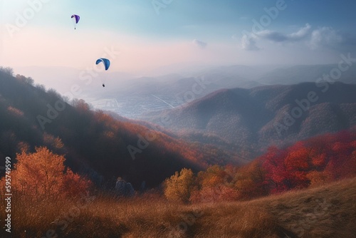 Scenic landscape with paraglider, birds, mountains, and trees in purple and pink hues. Generative AI