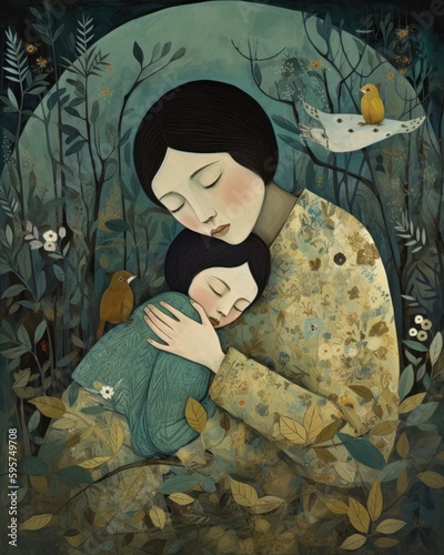 Obraz na plátně hush bye cry sleep now little one woman child hugging forest birds dreamy corona