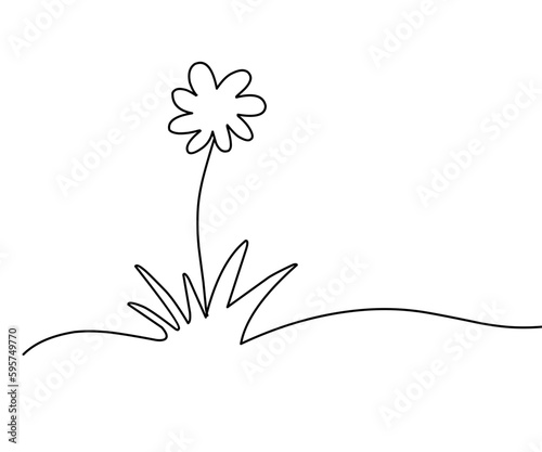 Abstract meadow line with grass and flowers chamomile. Continuous one line drawing. Vector illustration