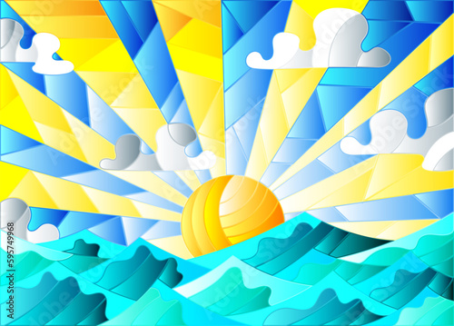 Illustration in stained glass style with sea landscape, sea, cloud, sky and sun