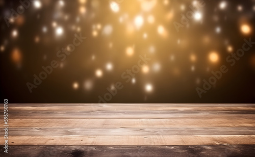 Empty wood table top on blur light gold bokeh dark background. Generative AI.