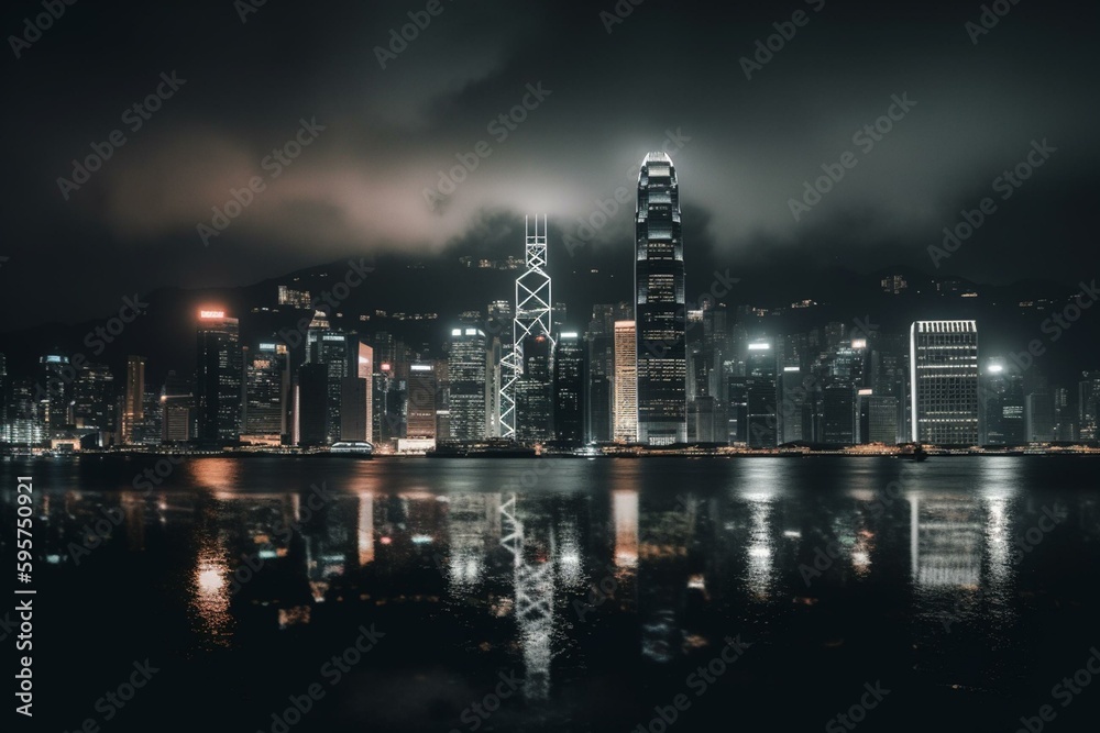 Night view of Hong Kong's skyline on Hong Kong Island. Generative AI