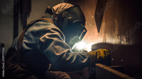 welder welding, industrial uniforms and Welded Iron Mask at Steel welding plants, industrial safety first concept. generative ai