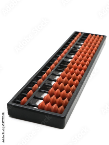a vintage abacus tool set with 17 rods of brown beads and in a black frame used for making mathematical calculations easy isolated in a white background