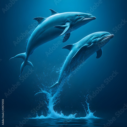 dolphin in the sea, two dolphin that jumping in water background that blue sky 