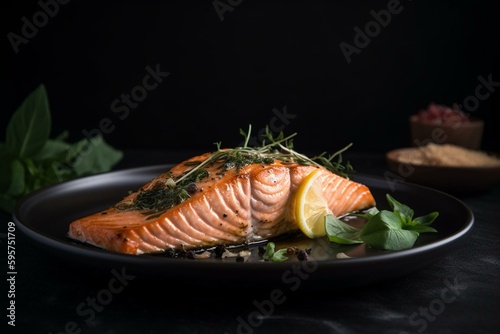 Grilled salmon fillet with herbs on white plate. Closed view, isolated. Generative AI