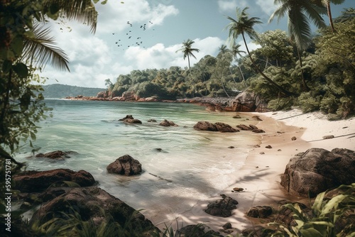 A watercolor depiction of a beach in the tropics. Generative AI
