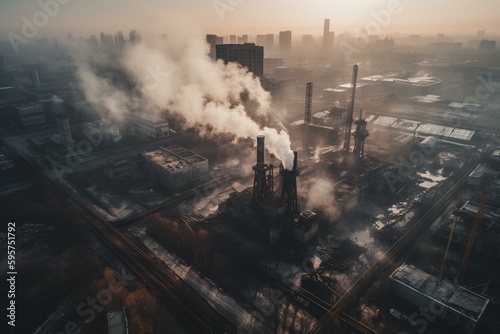 Picture of polluted air caused by factory smokestacks. Generative AI