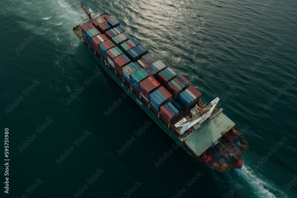 Stunning bird's-eye perspective of shipping containers being transported by ship. Generative AI