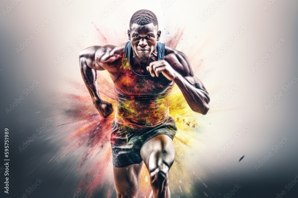 Heroic double exposure colorful photo of a well trained male African runner speedy running. Generative AI AIG19. - obrazy, fototapety, plakaty 