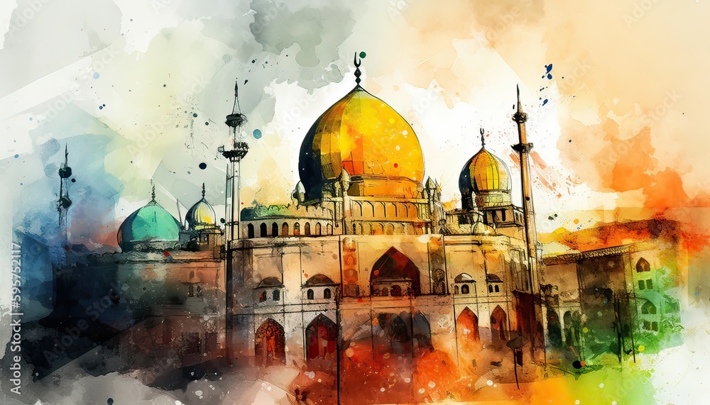 Fototapeta premium water color painting Arabic Islamic Typography design Mawlid al-Nabawai al-Sharif greeting card with dome and minaret of the Prophet's Mosque. Generative Ai