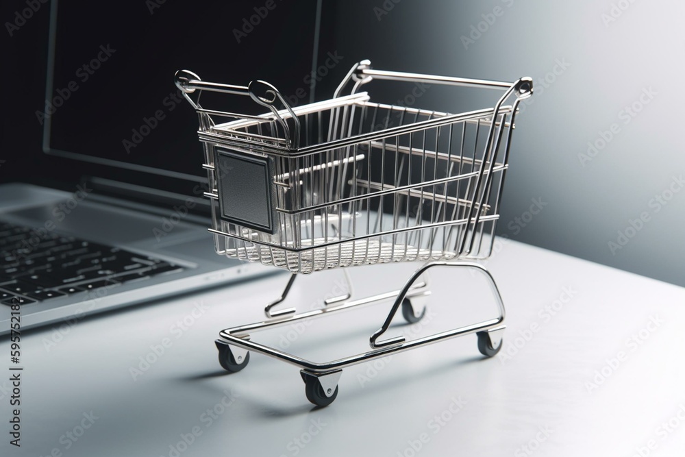 3D illustration of isolated shopping cart on laptop against white background. Generative AI