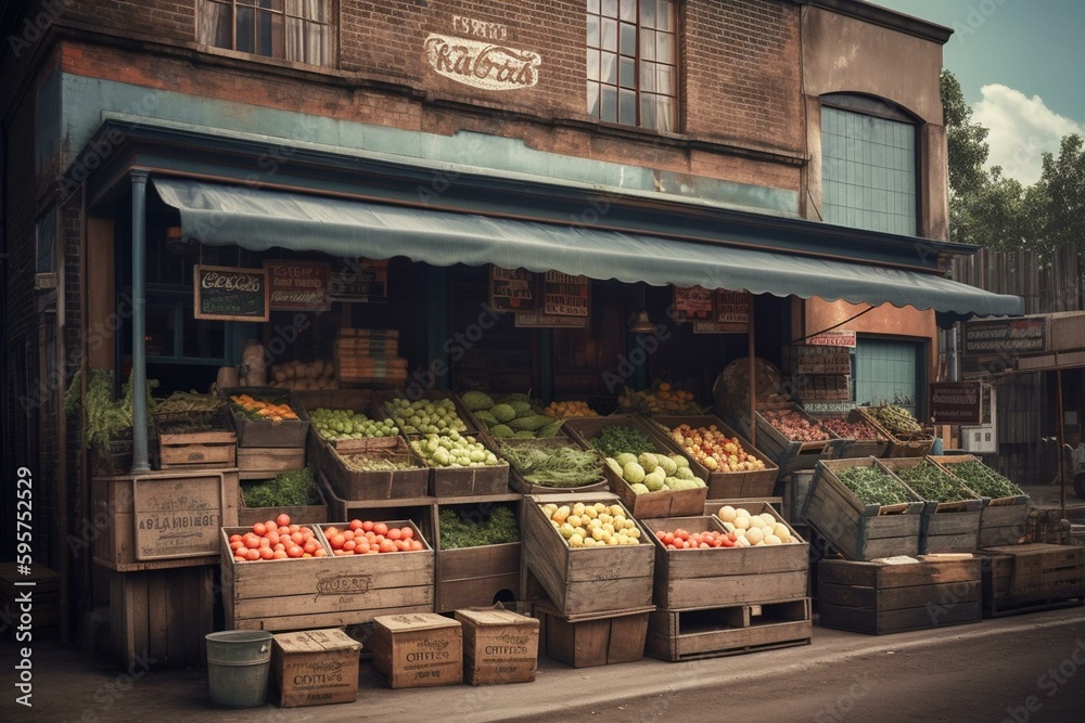 Vintage-style grocery store on street with fruit and veg crates. Generative AI