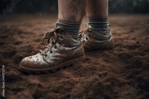 Softball player's planted foot secure on the dirt field. Generative AI