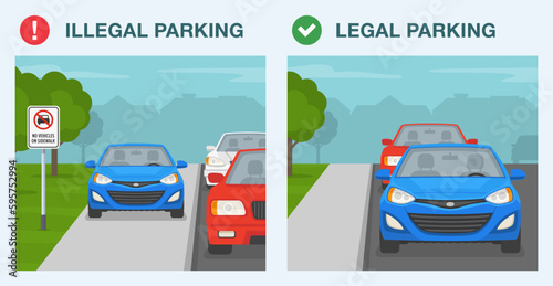 Outdoor parking rules. Illegal and legal parking. No vehicles on sidewalk traffic. Front view of a cars parked on sidewalk and roadside. Flat vector illustration template.