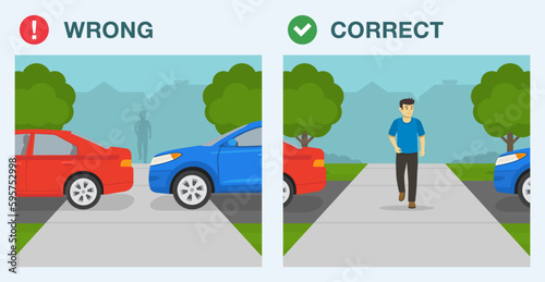 Outdoor parking rules. Correct and incorrect parking. Sidewalk access blocked by parked cars. Flat vector illustration template.