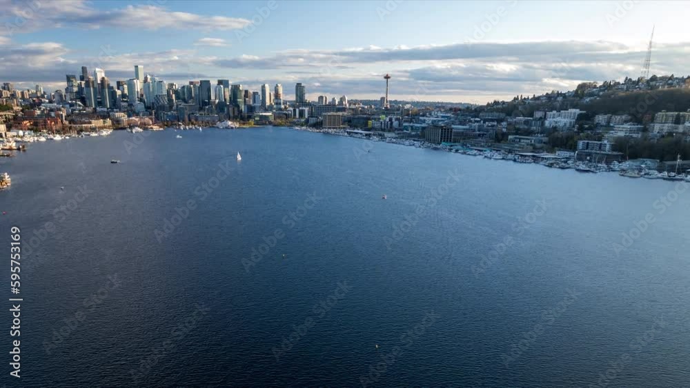 Seattle City Skyline Above Blue Lake Water Aerial Hyperlapse Seattle City Skyline Above Blue Lake Water Aerial Hyperlapse
